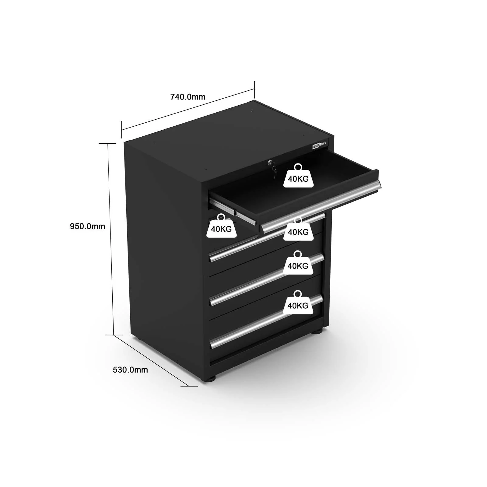 UltraTools Black 72" Mobile Work Bench with 15 Drawers Tool Chest & 3 Overhead Cabinet with Two Standing Cabinets - Image 4
