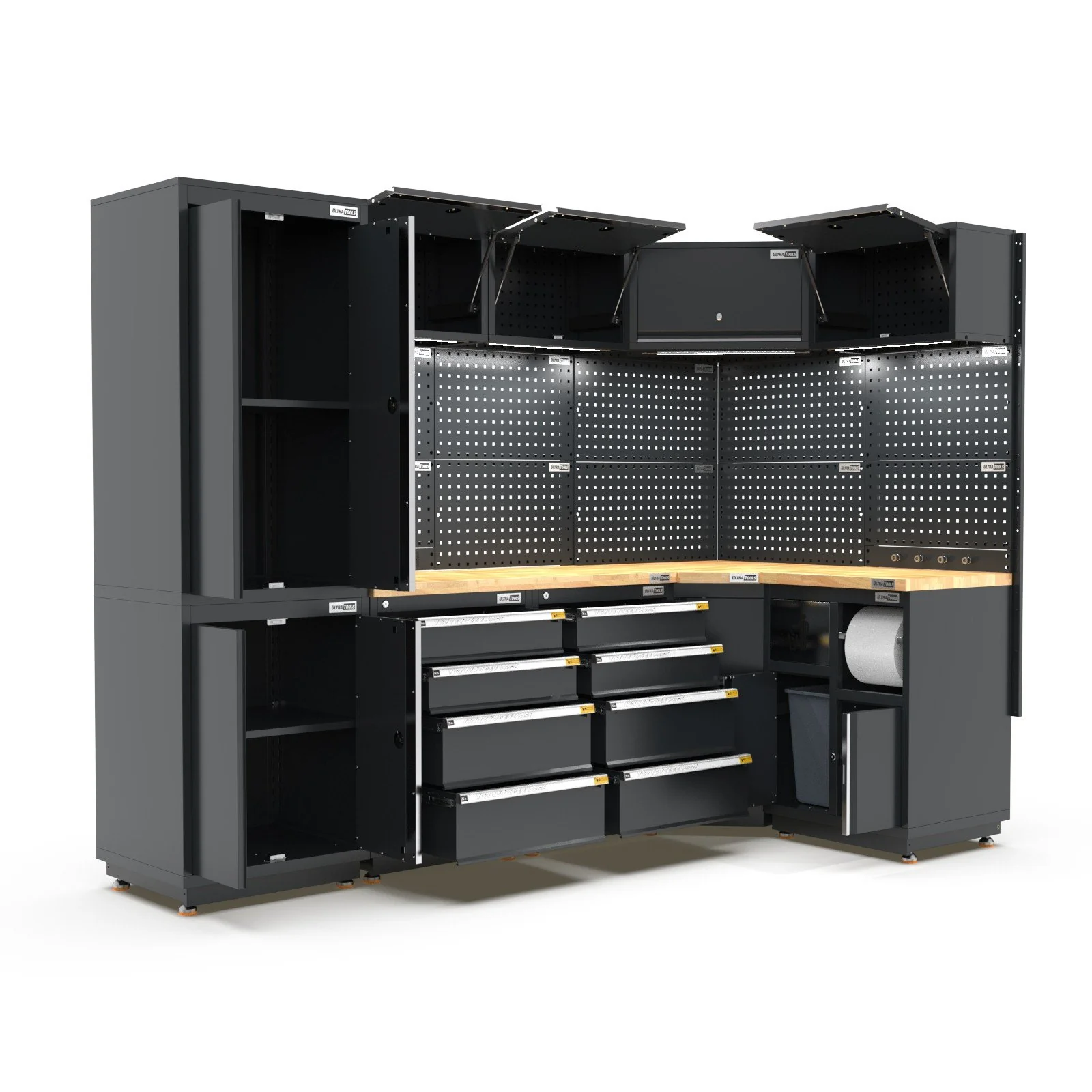 UltraTools 1385/2610mm OR 1978/1978mm x 580mm x 2020mm Black Semi-Industrial Workshop Garage Storage Corner Cabinet Set - Image 9