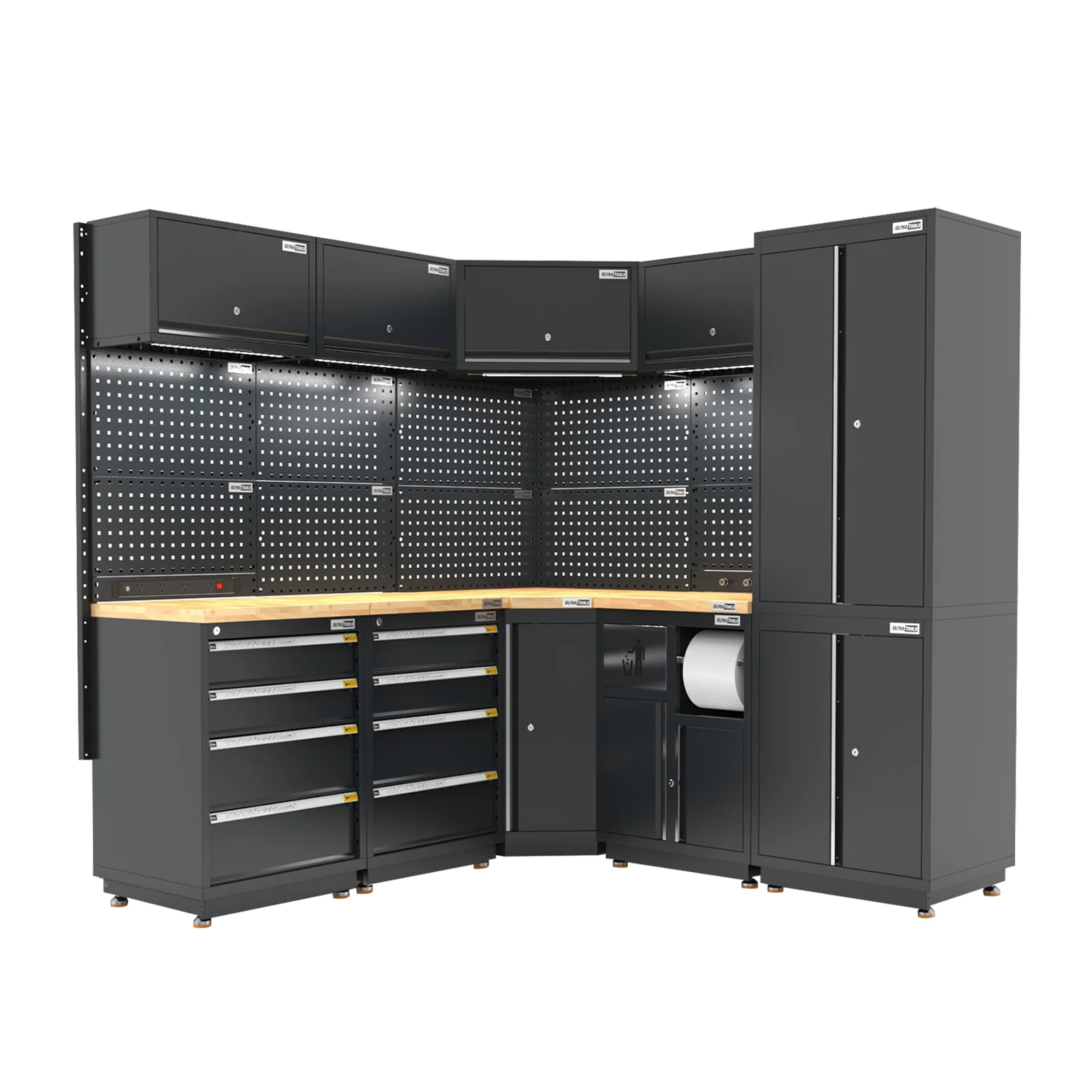 UltraTools 1385/2610mm OR 1978/1978mm x 580mm x 2020mm Black Semi-Industrial Workshop Garage Storage Corner Cabinet Set - Image 11