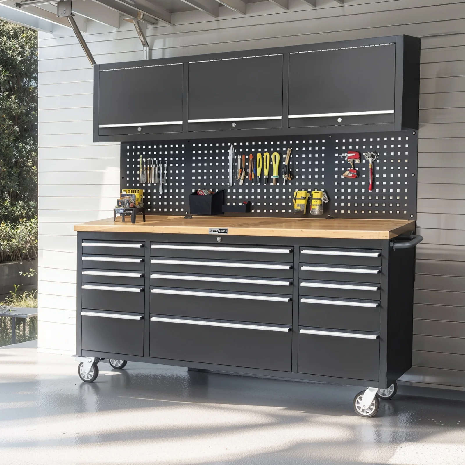 UltraTools Black 72" Mobile Work Bench with 15 Drawers Tool Chest & 3 Overhead Roller Cabinet - Image 2