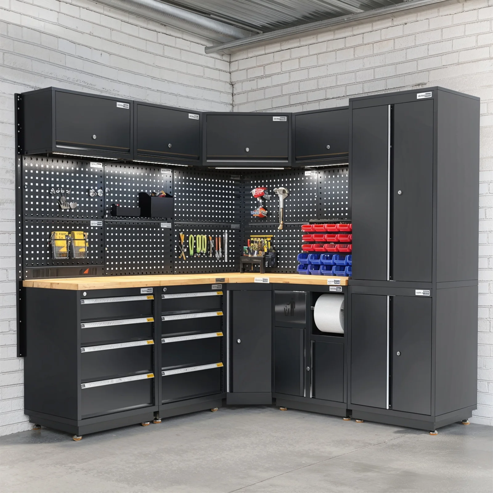 UltraTools 1385/2610mm OR 1978/1978mm x 580mm x 2020mm Black Semi-Industrial Workshop Garage Storage Corner Cabinet Set - Image 14