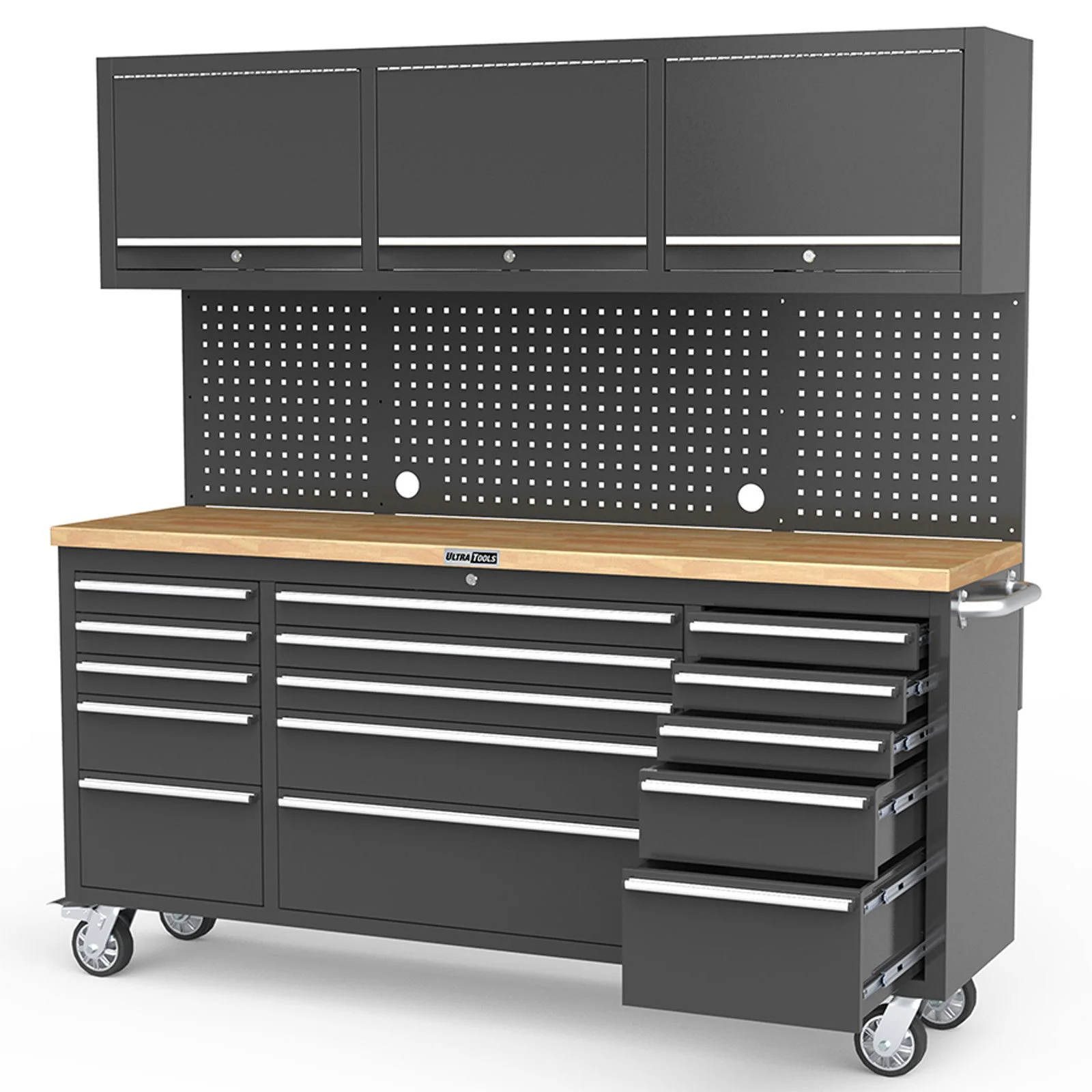 UltraTools Black 72" Mobile Work Bench with 15 Drawers Tool Chest & 3 Overhead Roller Cabinet - Image 3