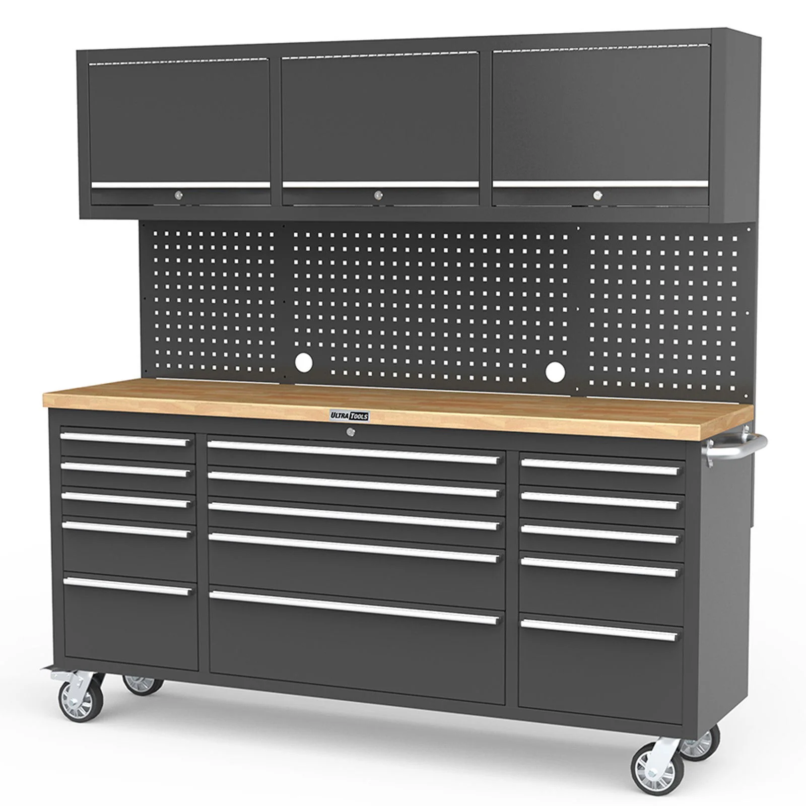 UltraTools Black 72" Mobile Work Bench with 15 Drawers Tool Chest & 3 Overhead Roller Cabinet - Image 4