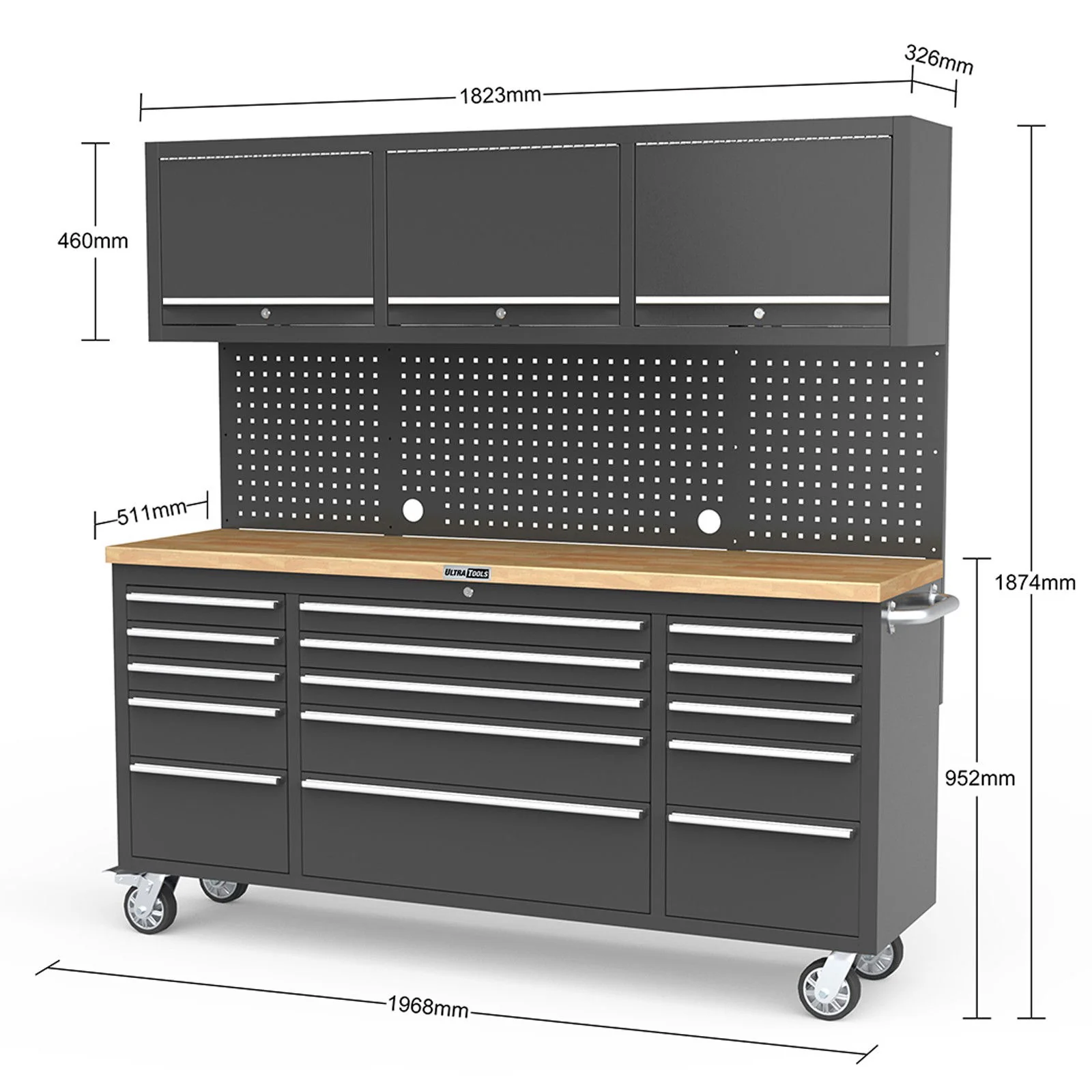 UltraTools Black 72" Mobile Work Bench with 15 Drawers Tool Chest & 3 Overhead Roller Cabinet - Image 5