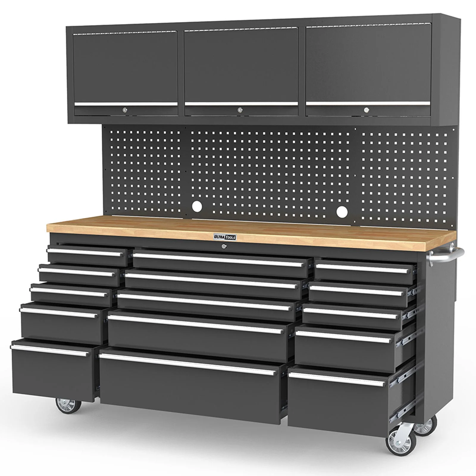 UltraTools Black 72" Mobile Work Bench with 15 Drawers Tool Chest & 3 Overhead Roller Cabinet - Image 6