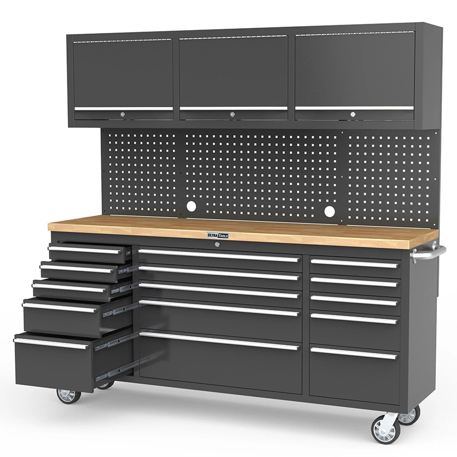 UltraTools Black 72" Mobile Work Bench with 15 Drawers Tool Chest & 3 Overhead Roller Cabinet - Image 7