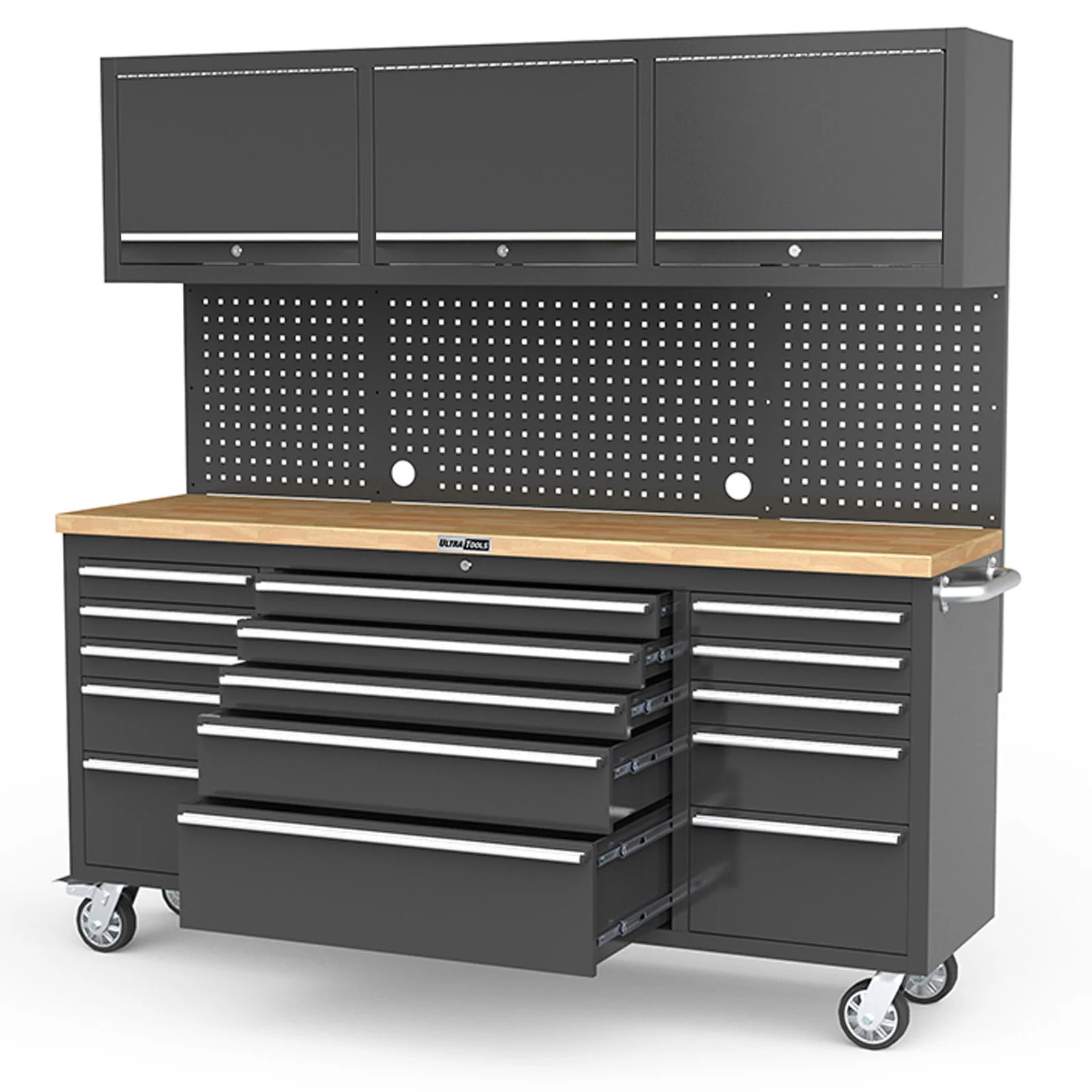 UltraTools Black 72" Mobile Work Bench with 15 Drawers Tool Chest & 3 Overhead Roller Cabinet - Image 8