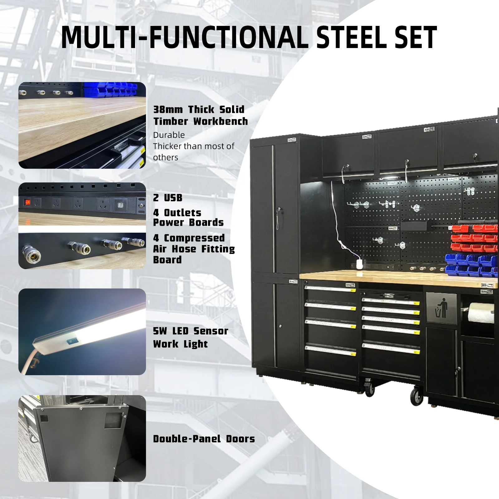 UltraTools 4960mm x 580mm x 2020mm Black Semi-Industrial Workshop Garage Storage Cabinet Set - Image 2