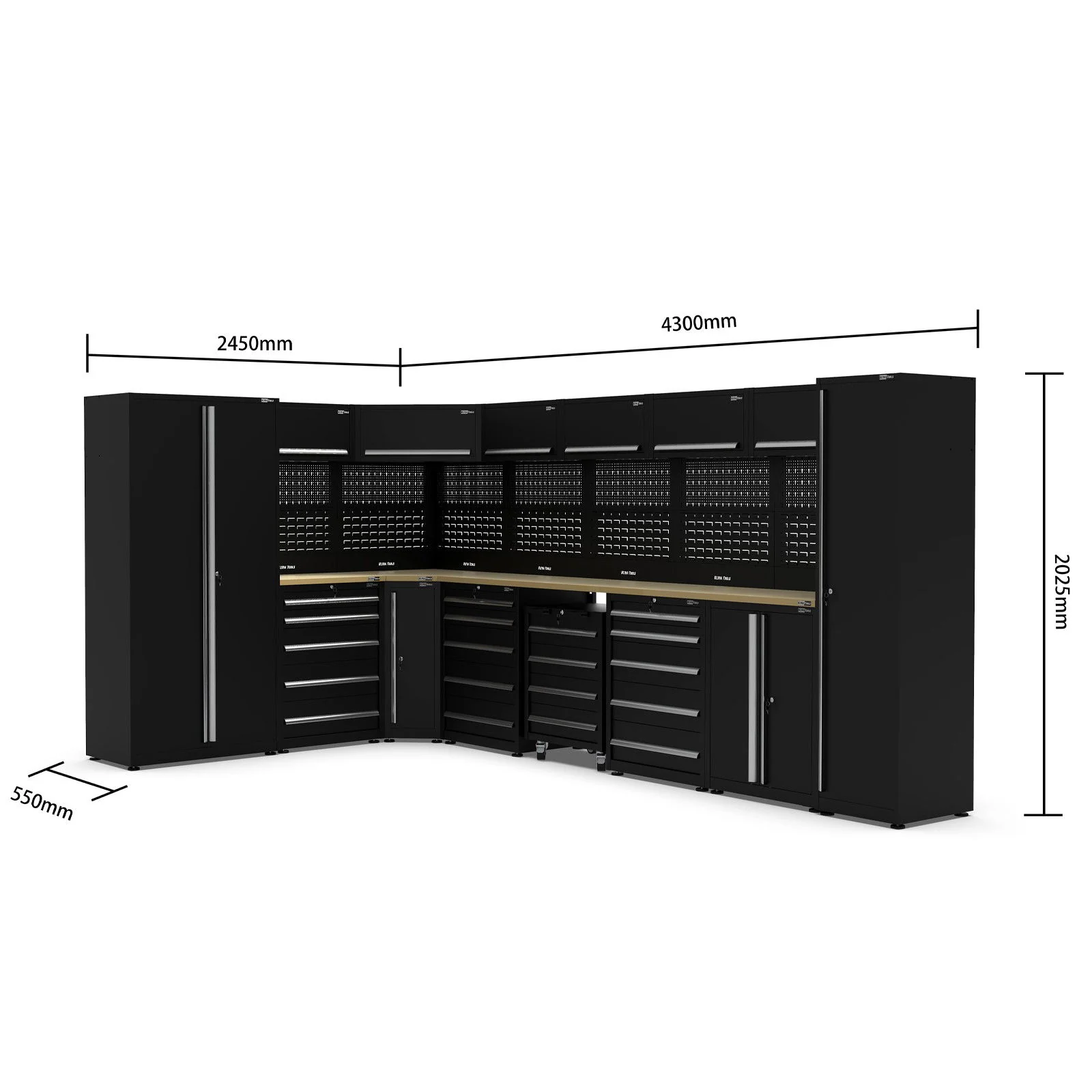 UltraTools 2450/4300mm x 550mm x 2025mm Black Classic Workshop Garage Storage Corner Cabinet Set - Image 11