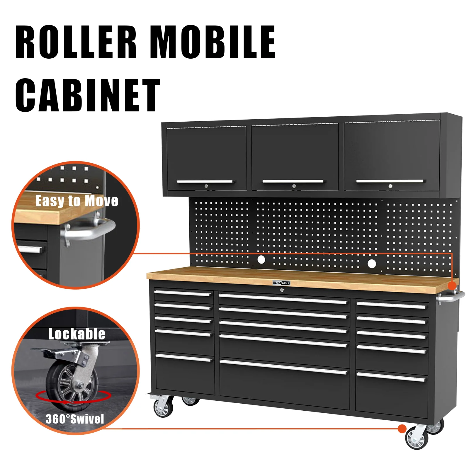 UltraTools Black 72" Mobile Work Bench with 15 Drawers Tool Chest & 3 Overhead Roller Cabinet - Image 9