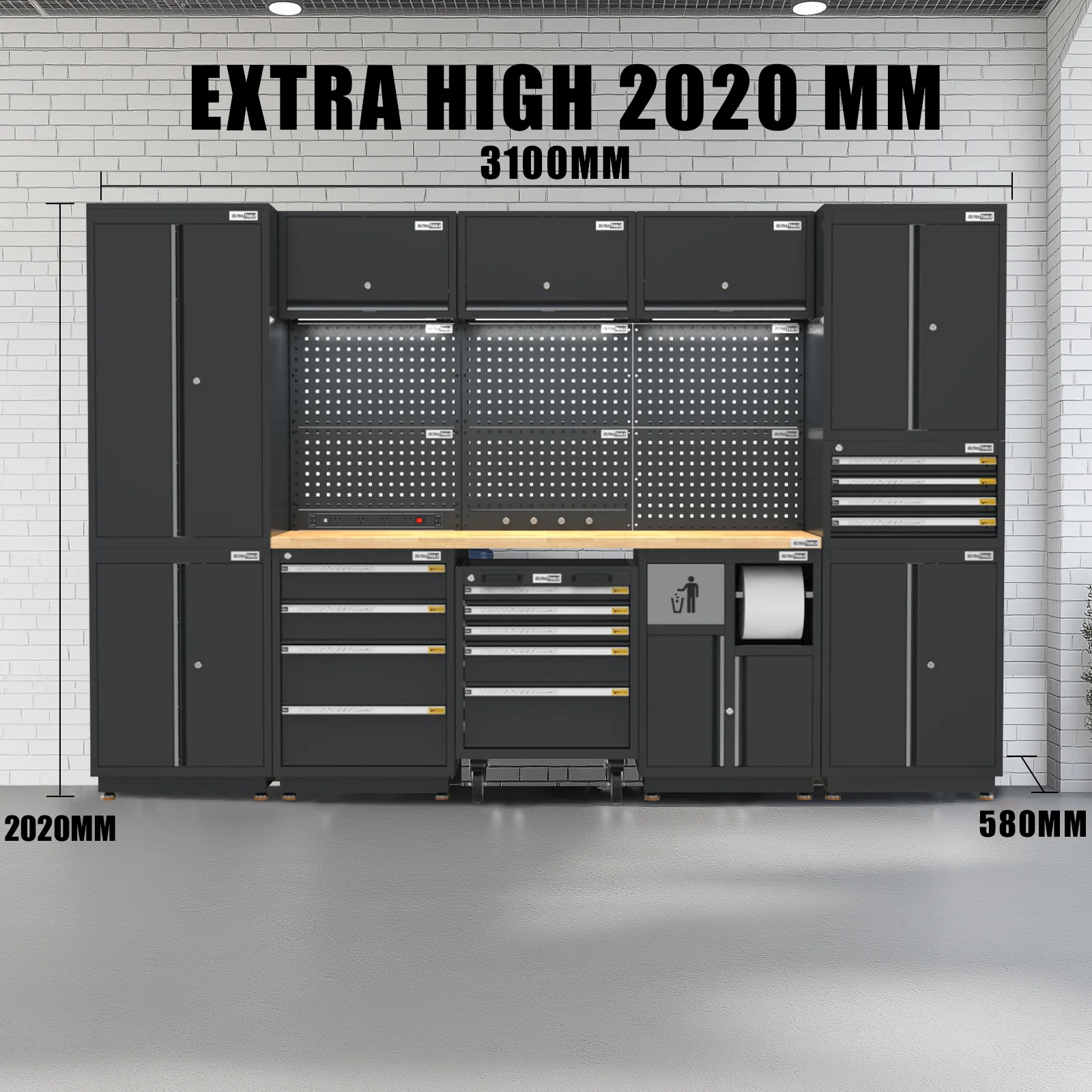 UltraTools 3100mm x 580mm x 2020mm Black Semi-Industrial Workshop Garage Storage Cabinet Set - Image 19