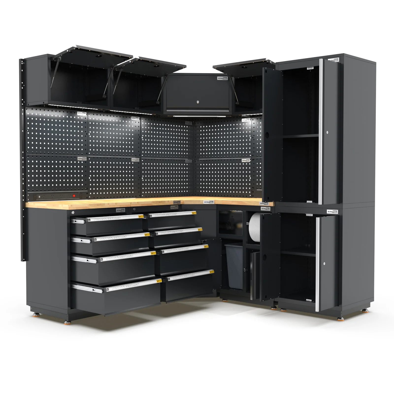 UltraTools 1385/2610mm OR 1978/1978mm x 580mm x 2020mm Black Semi-Industrial Workshop Garage Storage Corner Cabinet Set - Image 18
