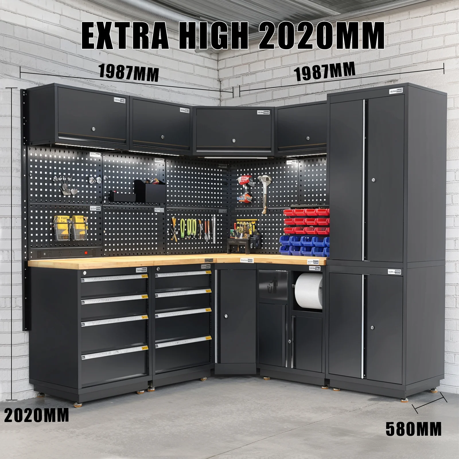 UltraTools 1385/2610mm OR 1978/1978mm x 580mm x 2020mm Black Semi-Industrial Workshop Garage Storage Corner Cabinet Set - Image 17