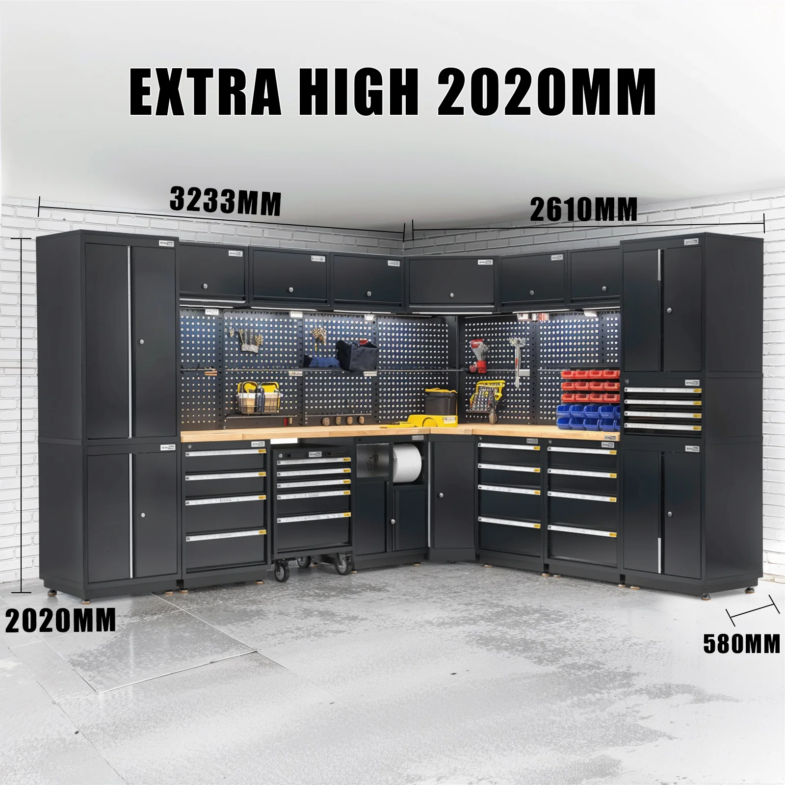 UltraTools 2610/3240mm x 580mm x 2020mm Black Semi-Industrial Workshop Garage Storage Corner Cabinet Set - Image 19