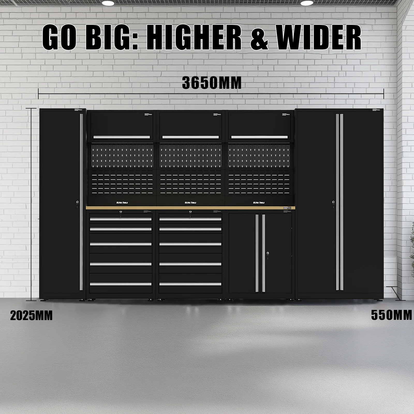 UltraTools 3650mm x 550mm x 2025mm Black Classic Workshop Garage Storage Cabinet Set - Image 15