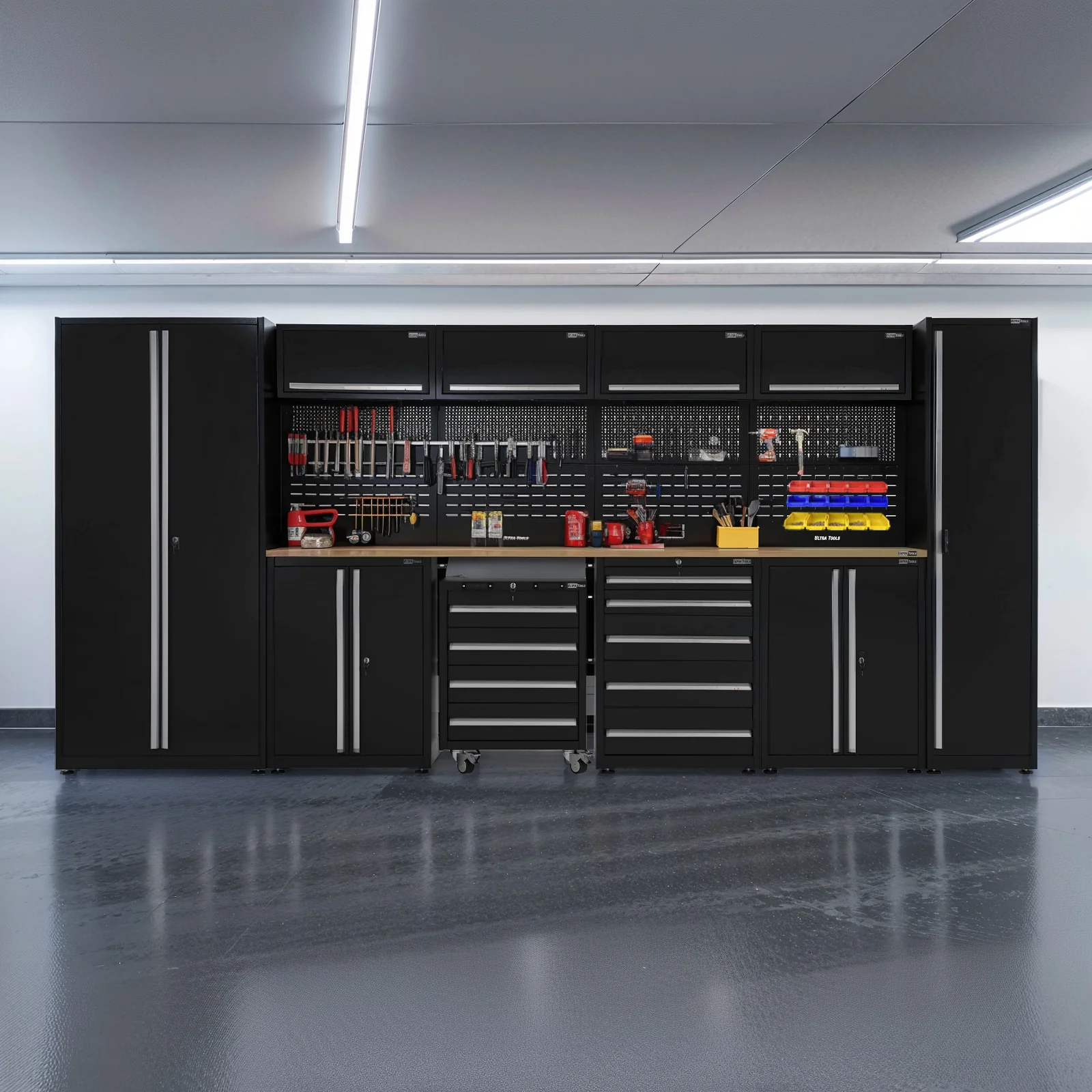 UltraTools Black 72" Mobile Work Bench with 15 Drawers Tool Chest & 3 Overhead Cabinet with Two Standing Cabinets - Image 14