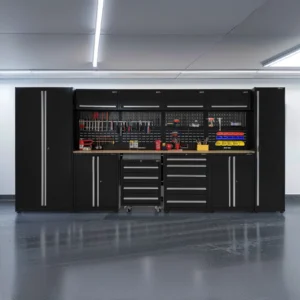 UltraTools Black 72" Mobile Work Bench with 15 Drawers Tool Chest & 3 Overhead Cabinet with Two Standing Cabinets