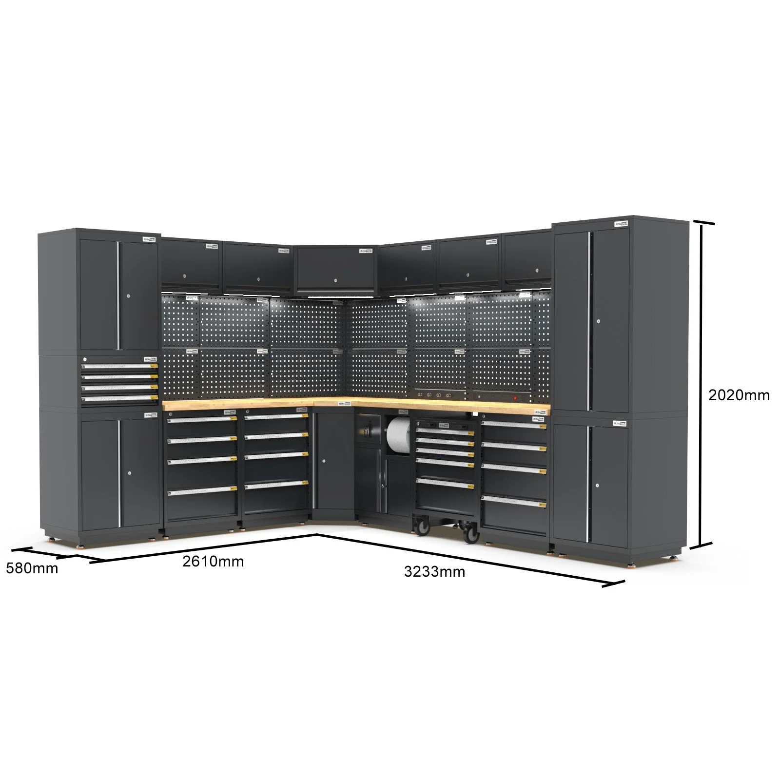 UltraTools 2610/3240mm x 580mm x 2020mm Black Semi-Industrial Workshop Garage Storage Corner Cabinet Set - Image 24