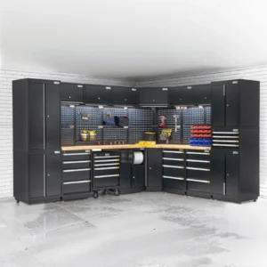 UltraTools 2610/3240mm x 580mm x 2020mm Black Semi-Industrial Workshop Garage Storage Corner Cabinet Set