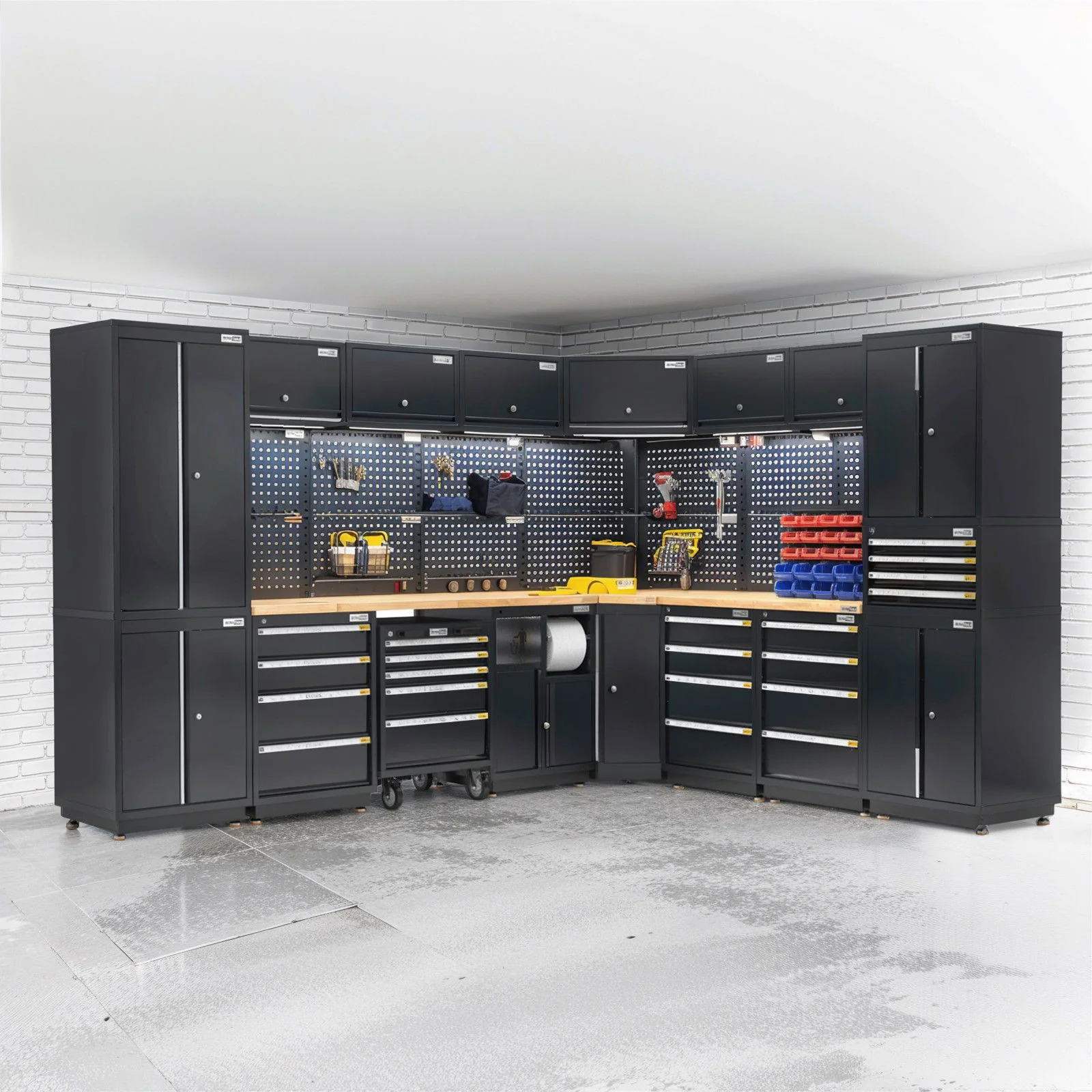 UltraTools 2610/3240mm x 580mm x 2020mm Black Semi-Industrial Workshop Garage Storage Corner Cabinet Set