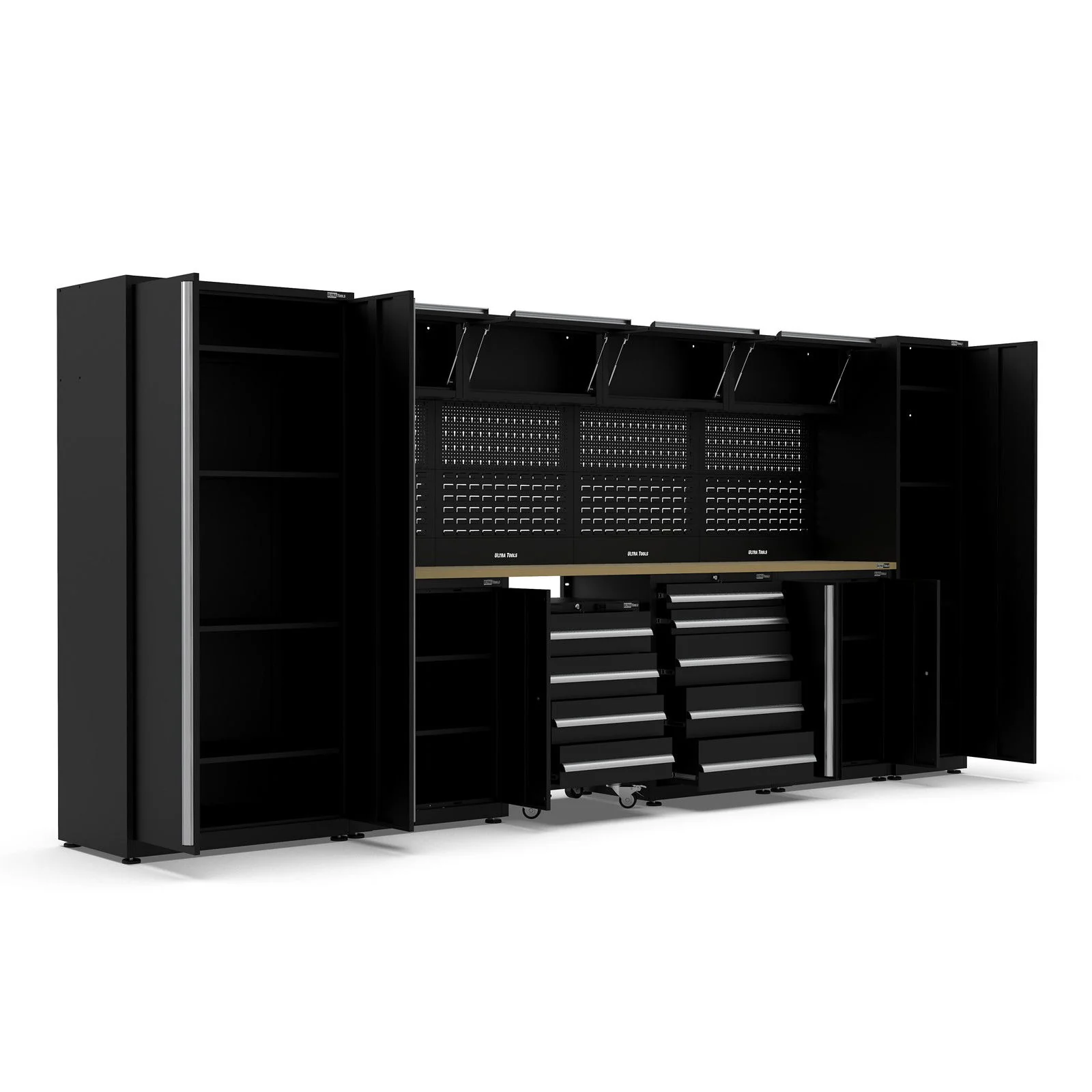 UltraTools Black 72" Mobile Work Bench with 15 Drawers Tool Chest & 3 Overhead Cabinet with Two Standing Cabinets - Image 15